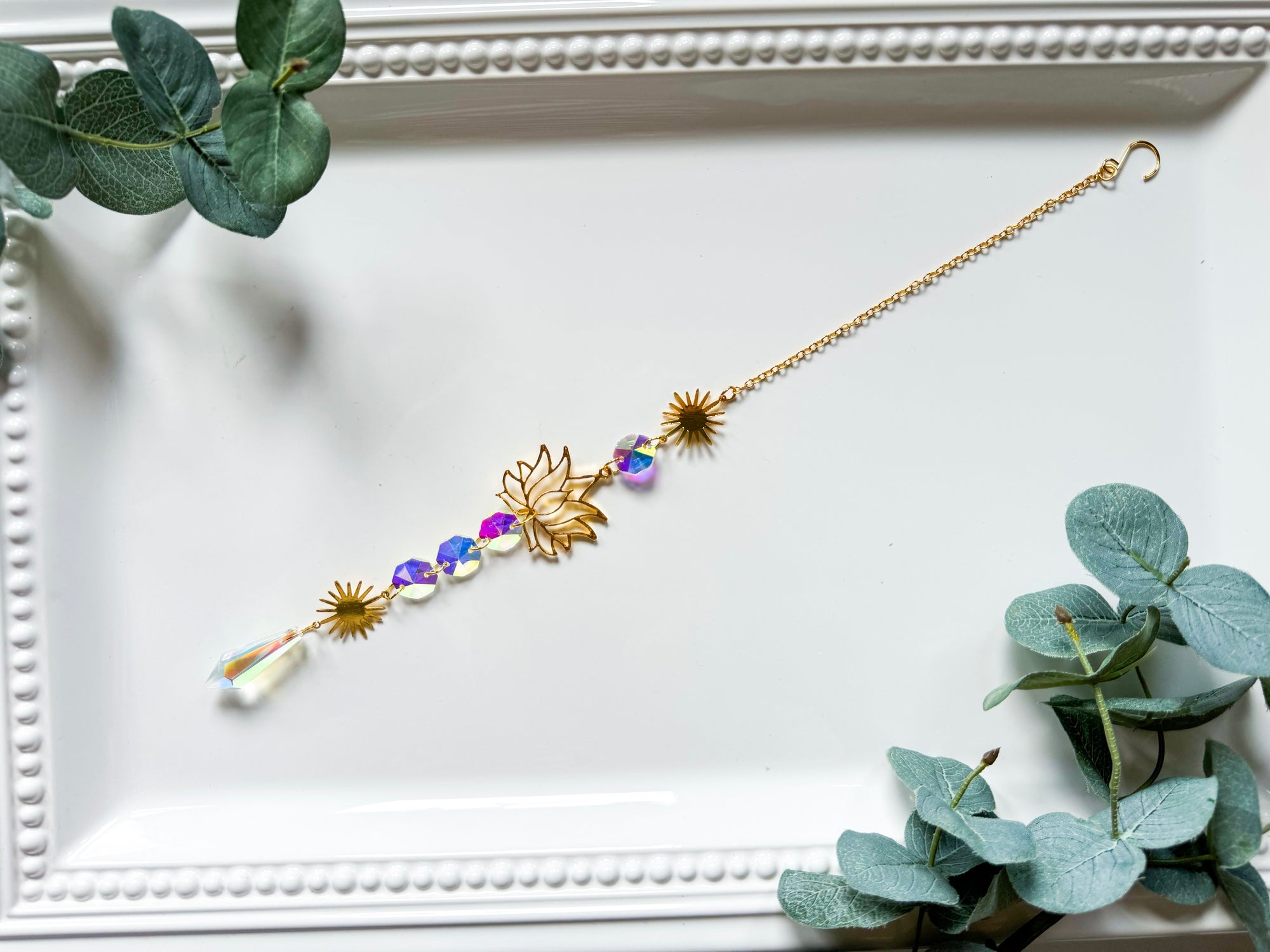 Two Sunburst Lotus Rainbow Catcher Window Hanger || Gold