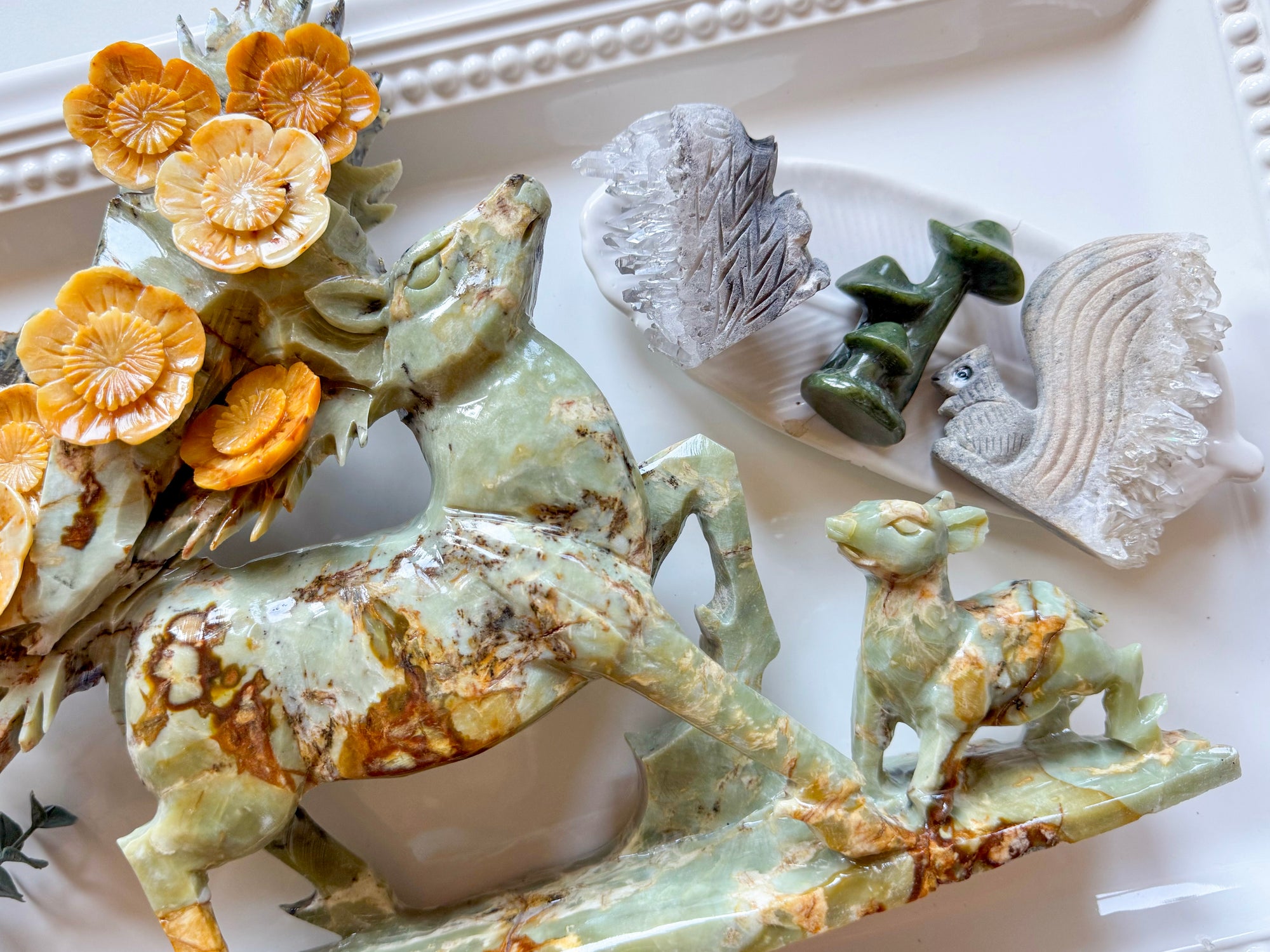 Xiuyan Jade Sika Deer Carving on Wood Base - D