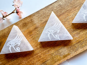 Engraved Eye of Horus Selenite Triangle Charging Plate