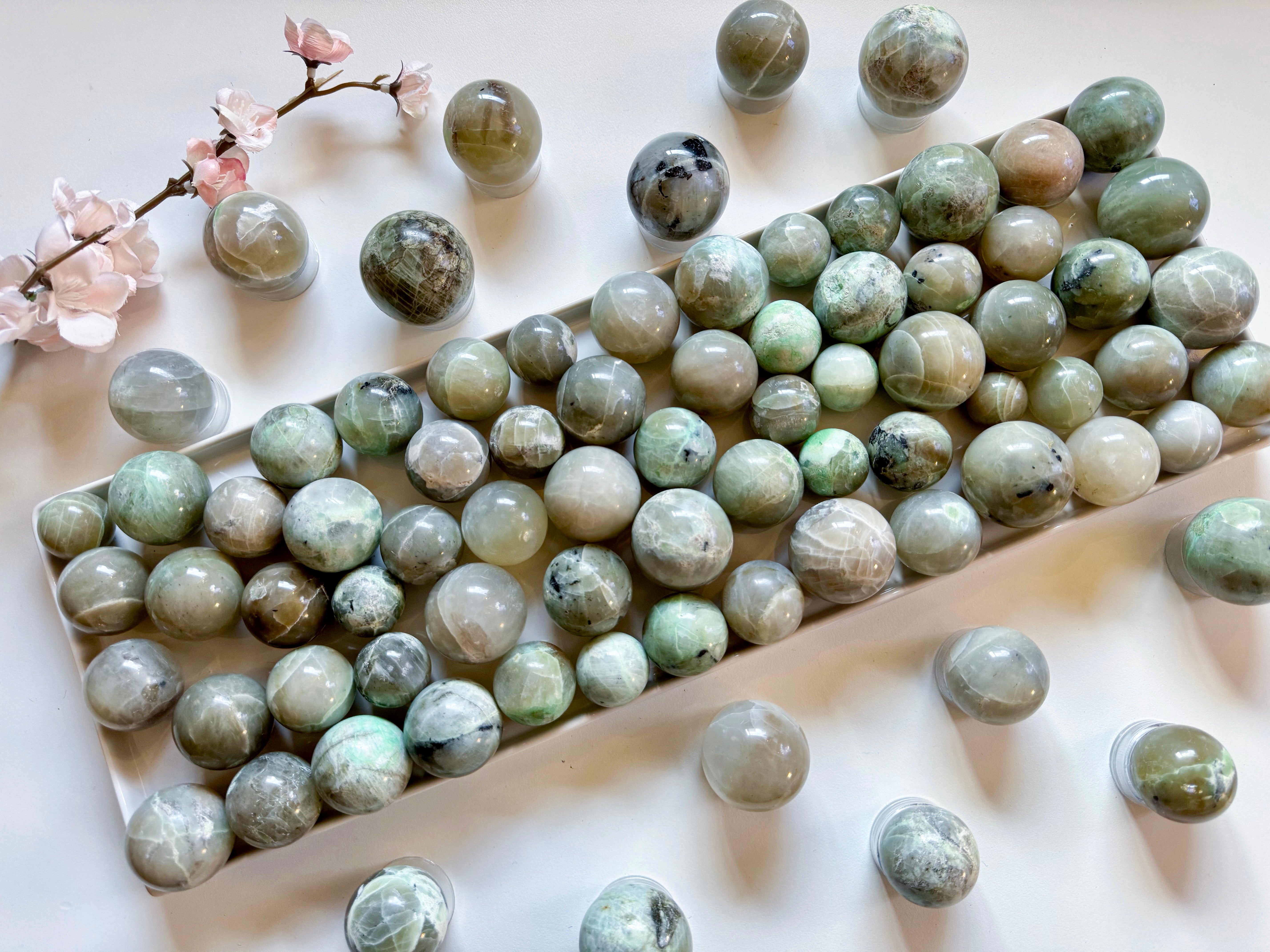 Garnierite Green Moonstone Sphere || Mini Angelic Roots