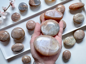 Silver Flash Peach Moonstone Palm Stone || Madagascar