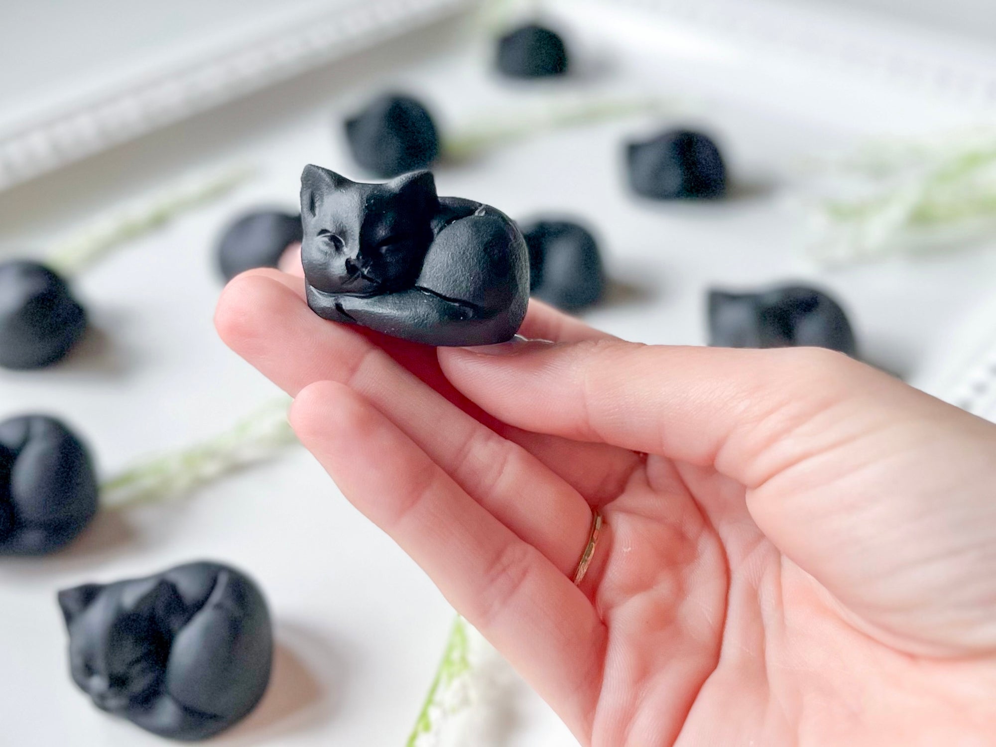 Matte Black Obsidian Sleeping Cat Crystal Carving