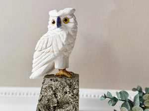 White Calcite Owl on Pyrite Base Large || Peru