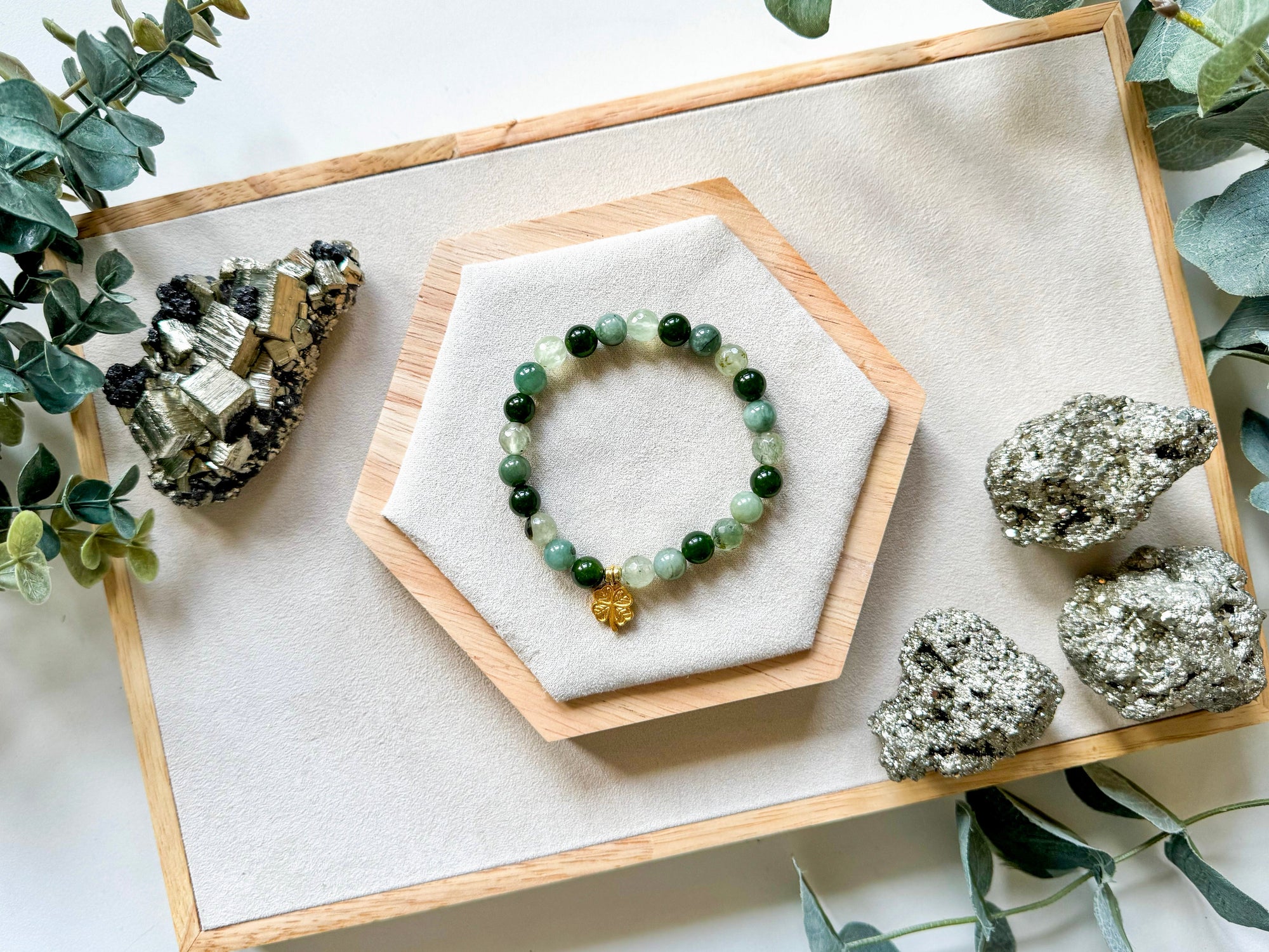 Saint Patrick's Day || Green Quartz, Nephrite Jade & Burmese Jade Four Leaf Clover Bracelet || Reiki Infused