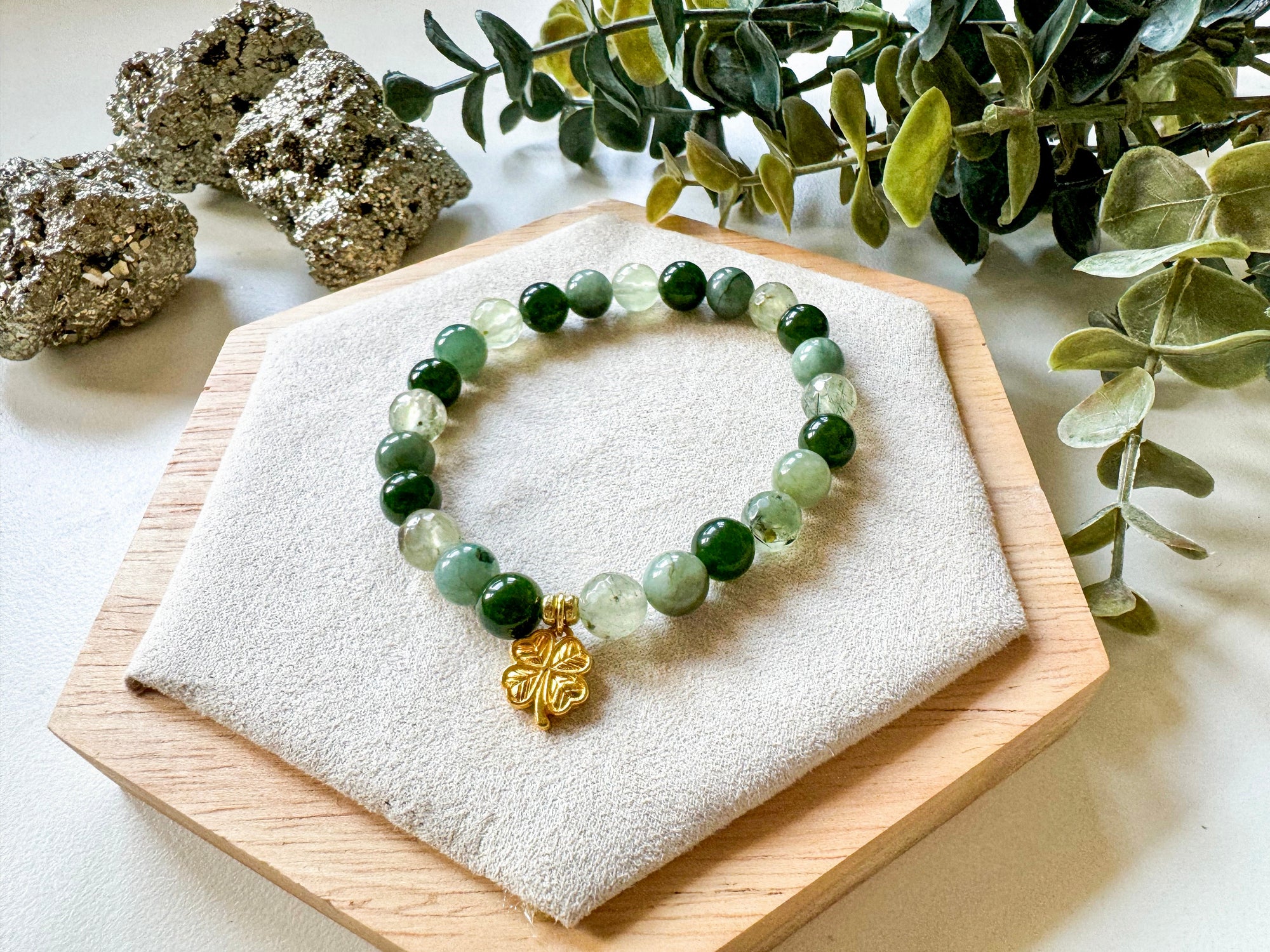 Saint Patrick's Day || Green Quartz, Nephrite Jade & Burmese Jade Four Leaf Clover Bracelet || Reiki Infused