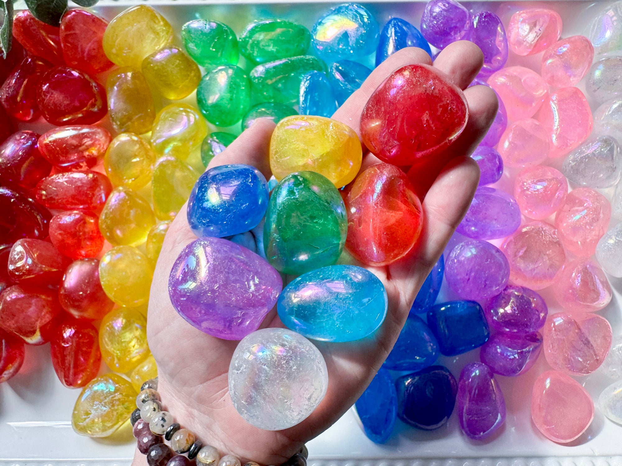 Rainbow Aura Quartz Tumbled Stone $4