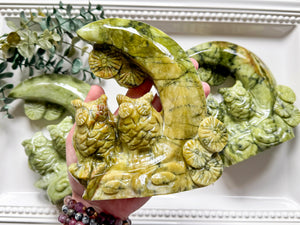 Xiuyan Jade Owl Friends on Crescent Moon Carving