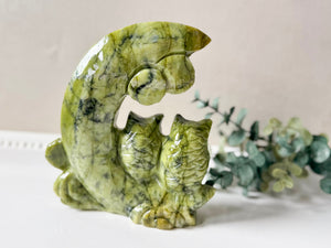 Xiuyan Jade Owl Friends on Crescent Moon Carving