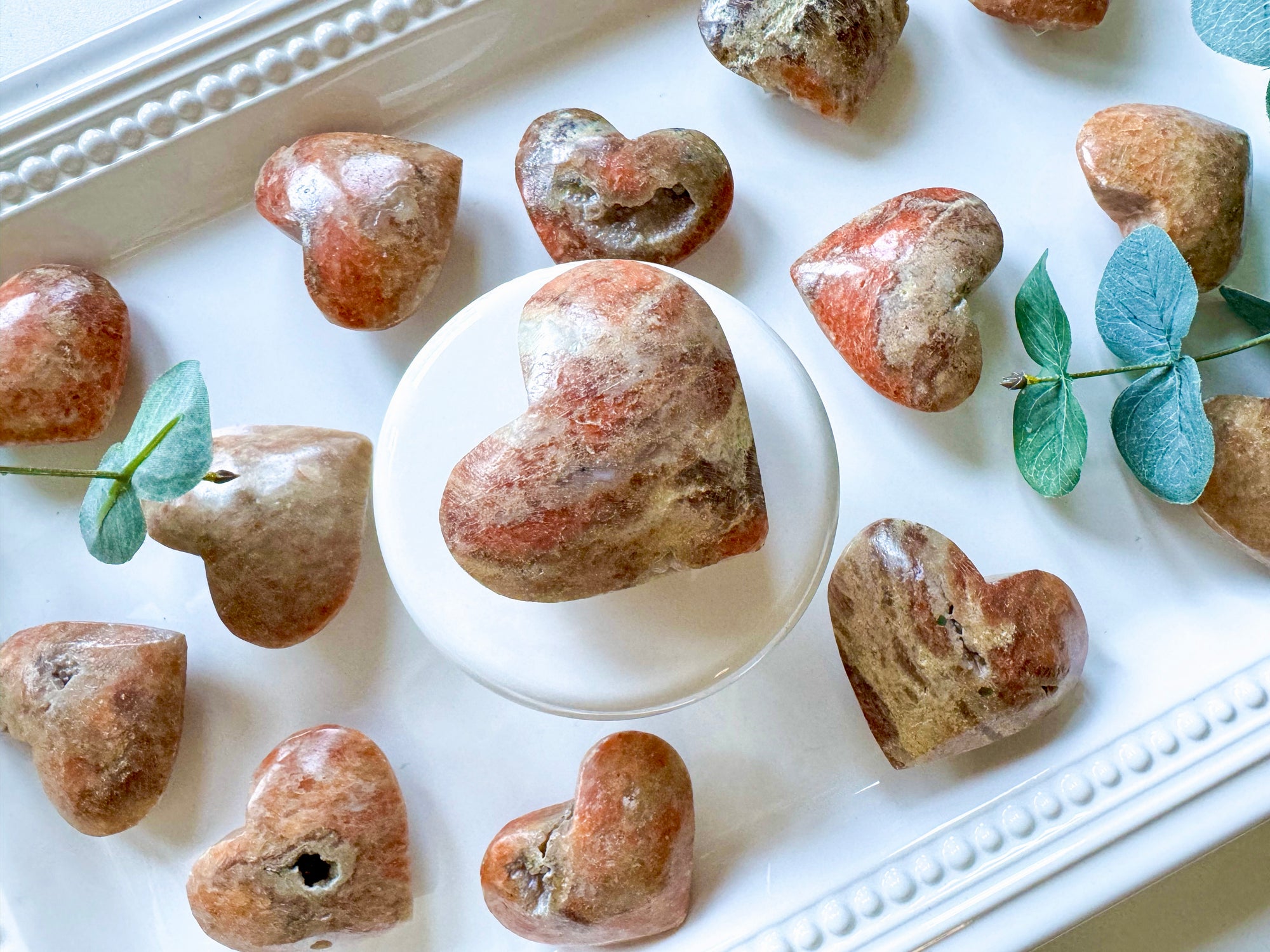 Orange Calcite and Sunstone Hearts