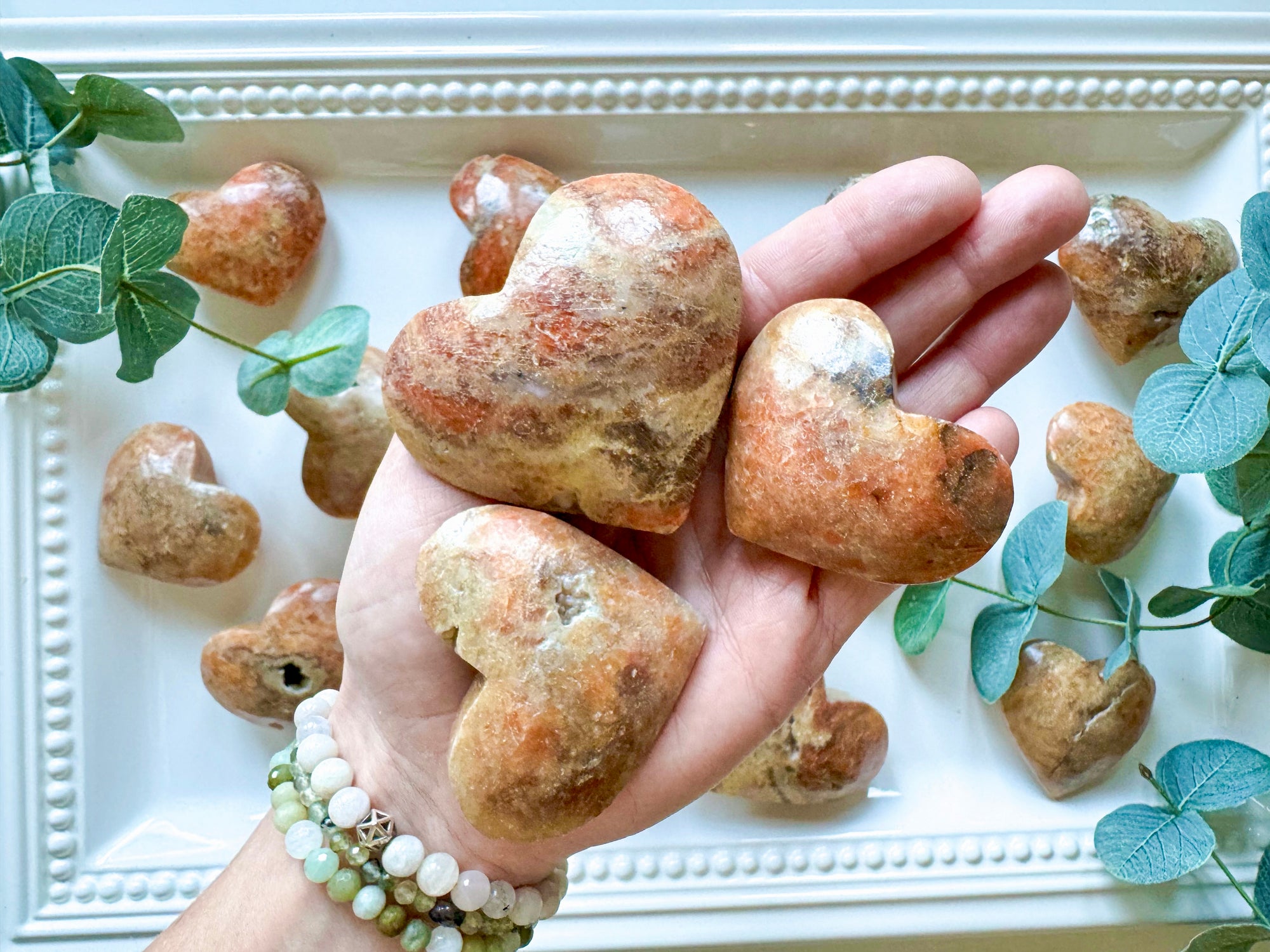 Orange Calcite and Sunstone Hearts