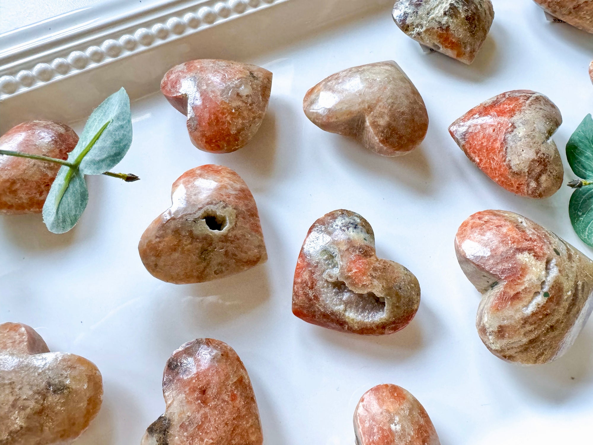 Orange Calcite and Sunstone Hearts