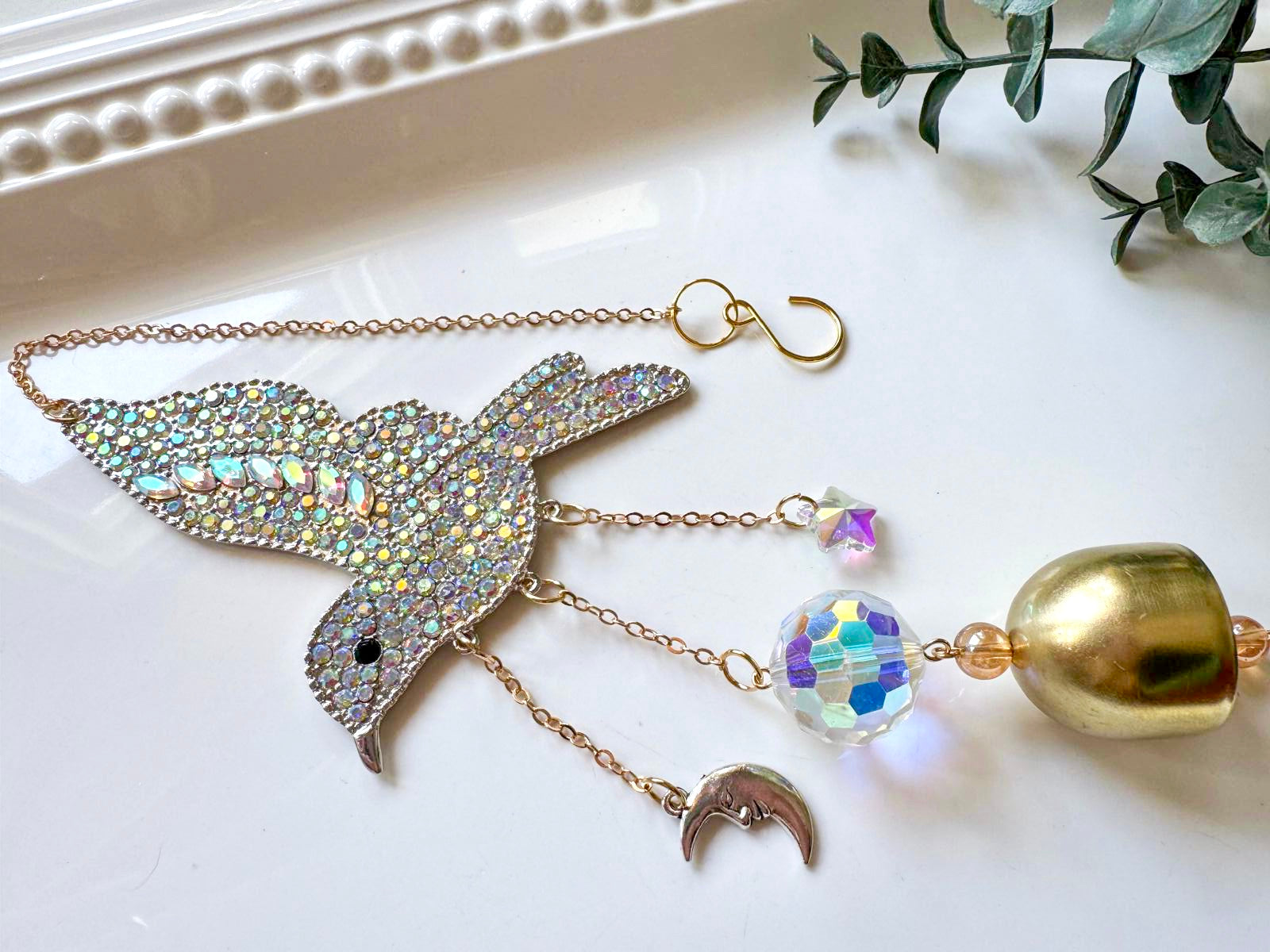 Iridescent Bird with Bell & Feather Rainbow Catcher Window Hanger