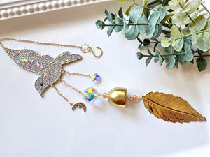 Iridescent Bird with Bell & Feather Rainbow Catcher Window Hanger