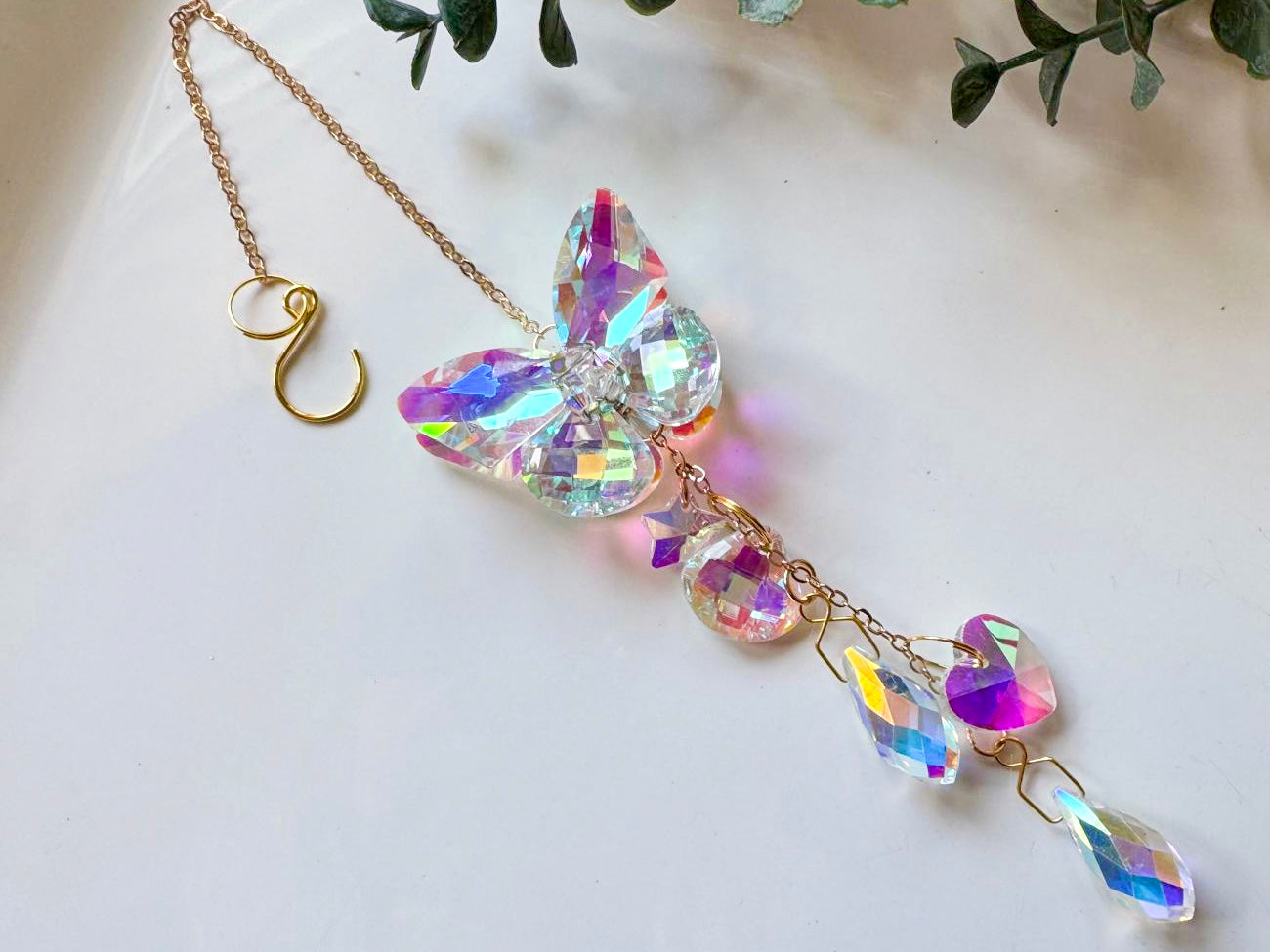 Iridescent Floating Butterfly Rainbow Catcher Window Hanger || Gold