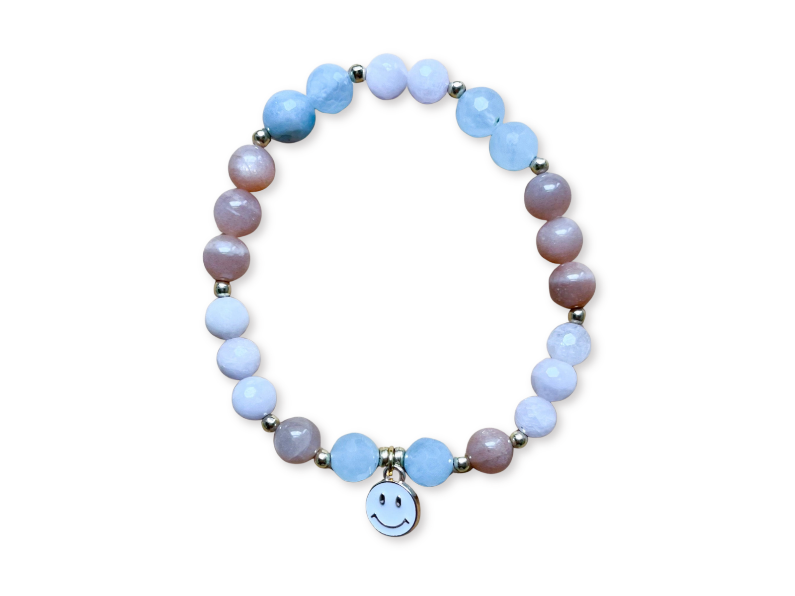 Kunzite, Aquamarine & Peach Moonstone Smiley Beaded Bracelet || Reiki Infused