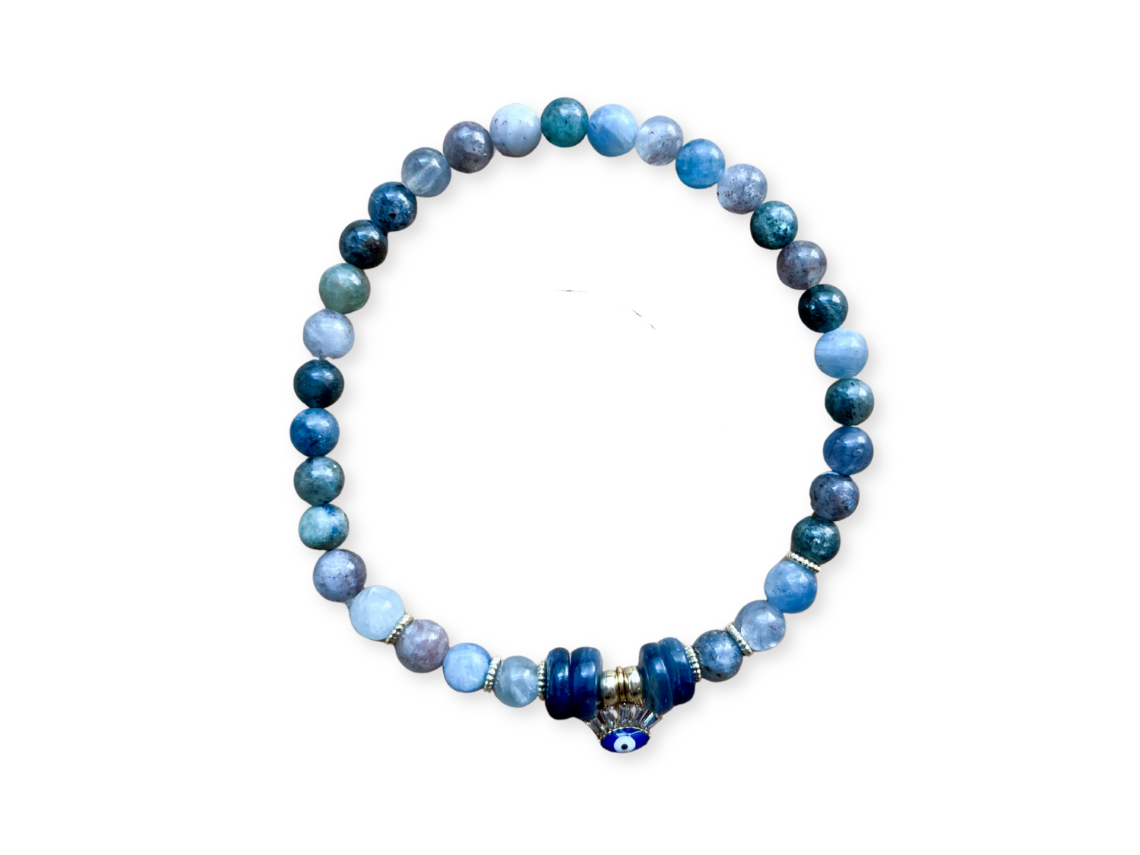 Kyanite 6mm Beaded Bracelet || Blue Evil Eye Charm || Reiki Infused