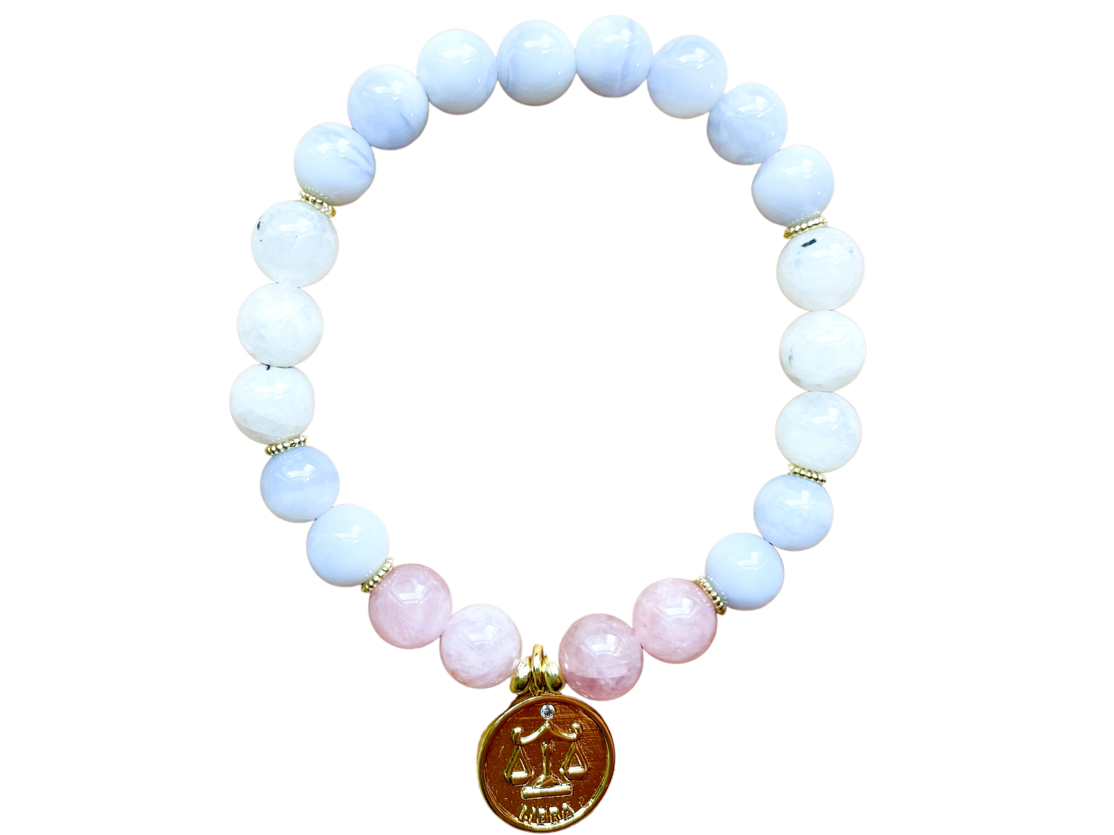 LIBRA GOLD EDITION Blue Lace Agate, Moonstone, Rose Quartz Beaded Bracelet || Reiki Infused