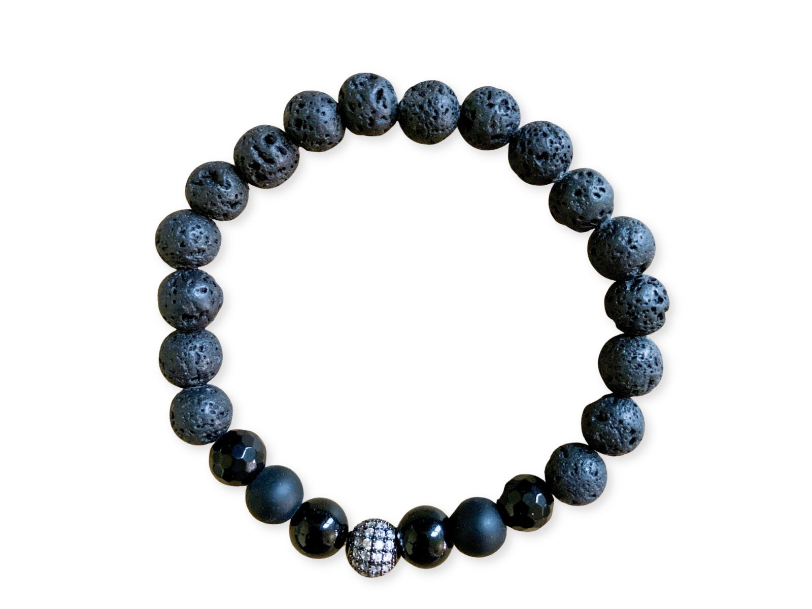 Lava, Black Onyx and Micro Pave CZ Bead Bracelet || Reiki Infused