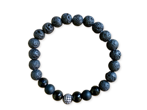 Lava, Black Onyx and Micro Pave CZ Bead Bracelet || Reiki Infused