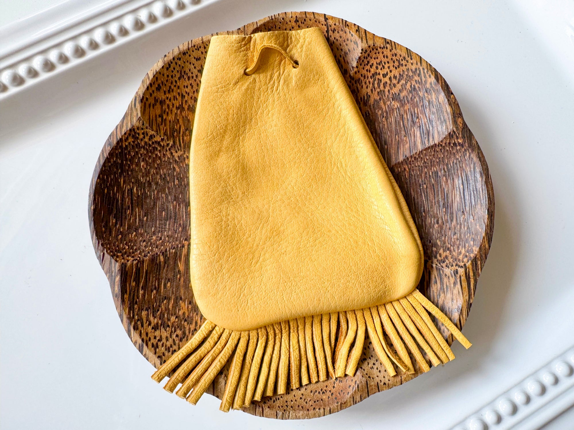Leather Fringe Pouch - Tan/Yellow