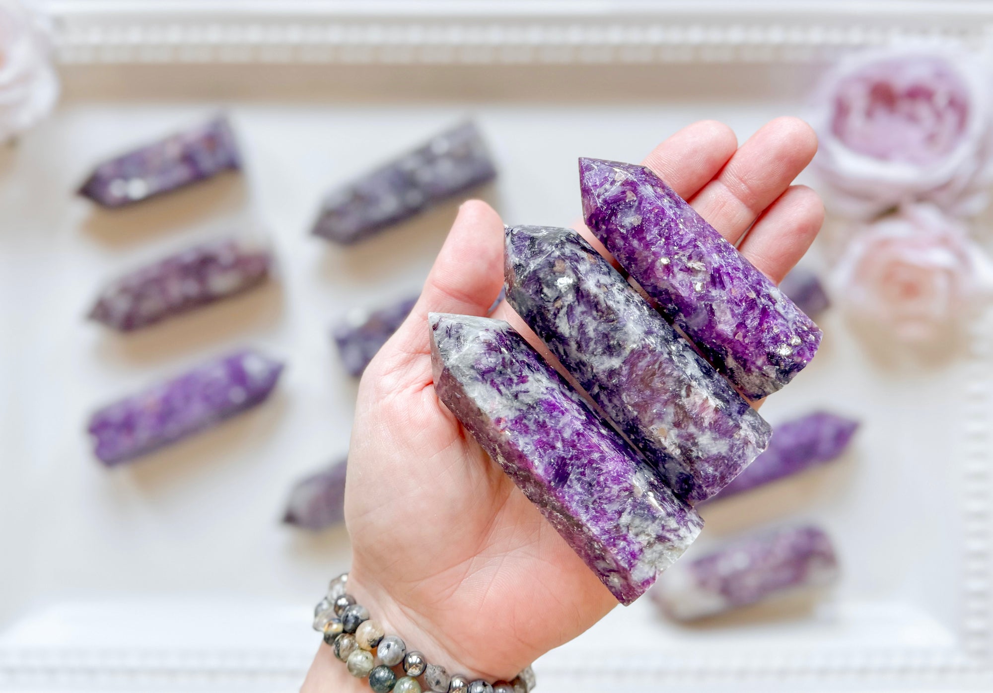 Lepidolite in Quartz Points