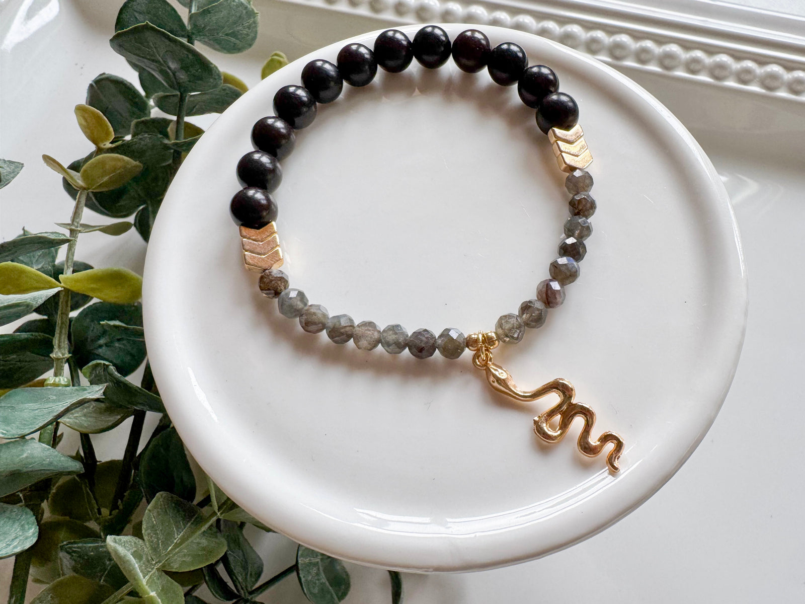 Lunar New Year Labradorite & Ebony Wood Snake Bracelet || Reiki Infused