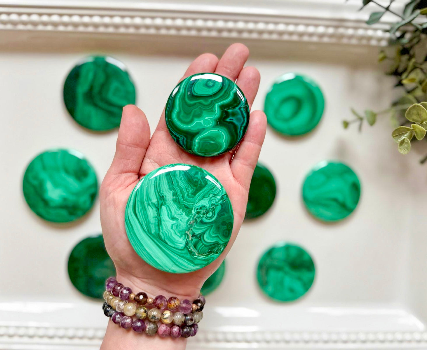 Malachite Polished Flat Round Palm Stone
