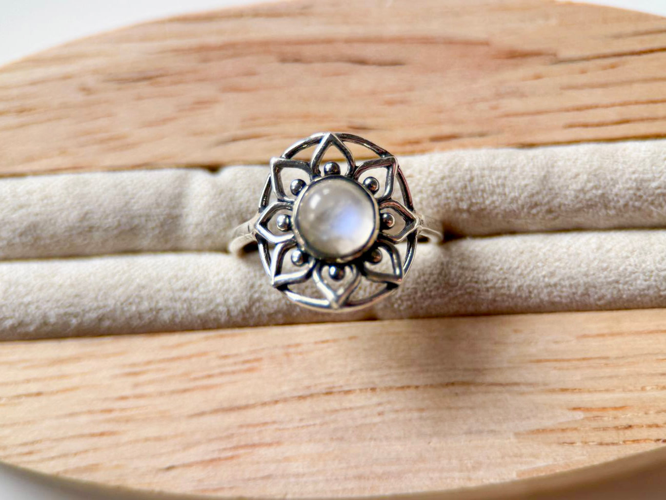 Mandala Flower Moonstone Sterling Ring