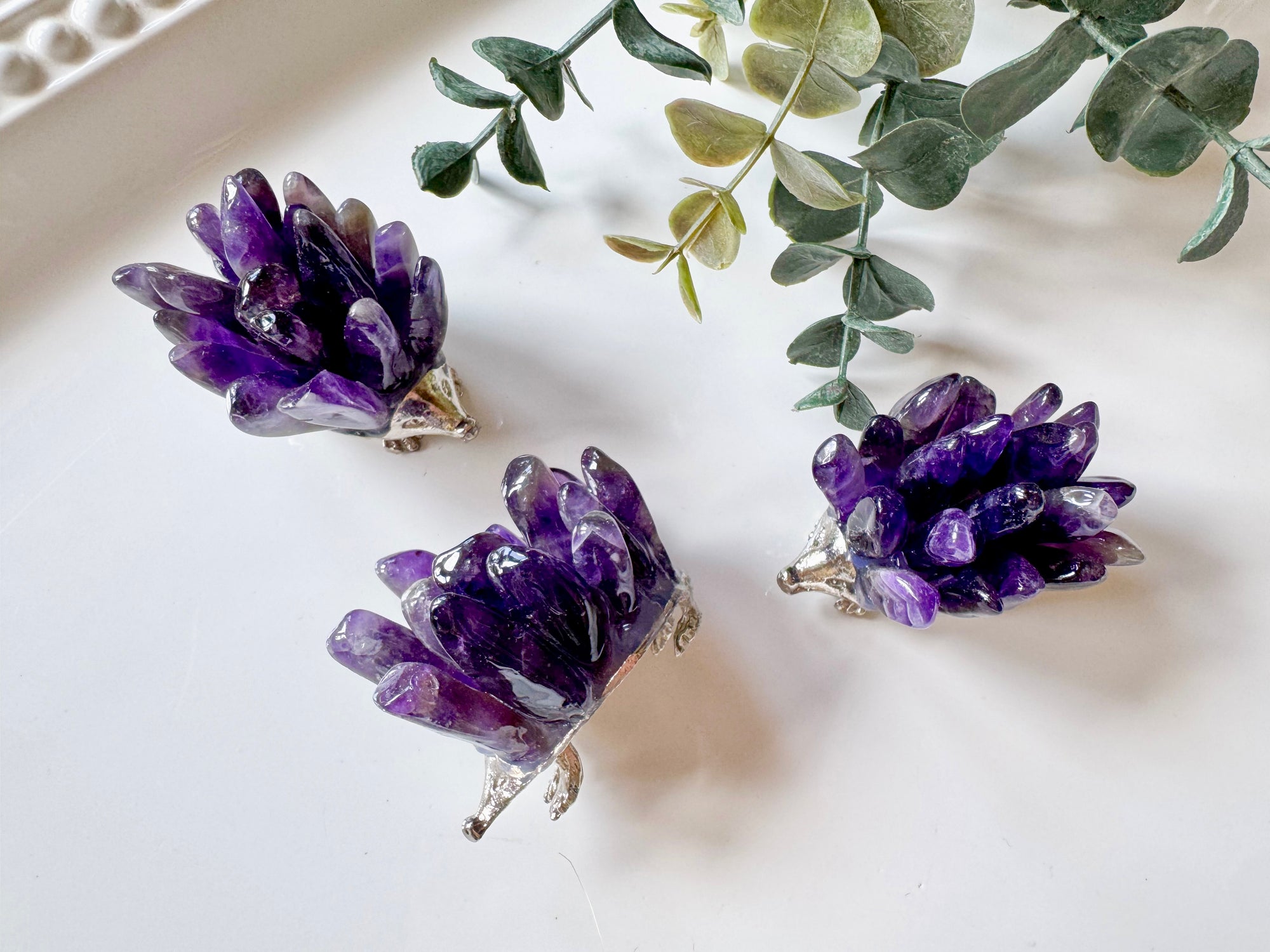 Metal Hedgehog Crystal Points - Amethyst Silver Body