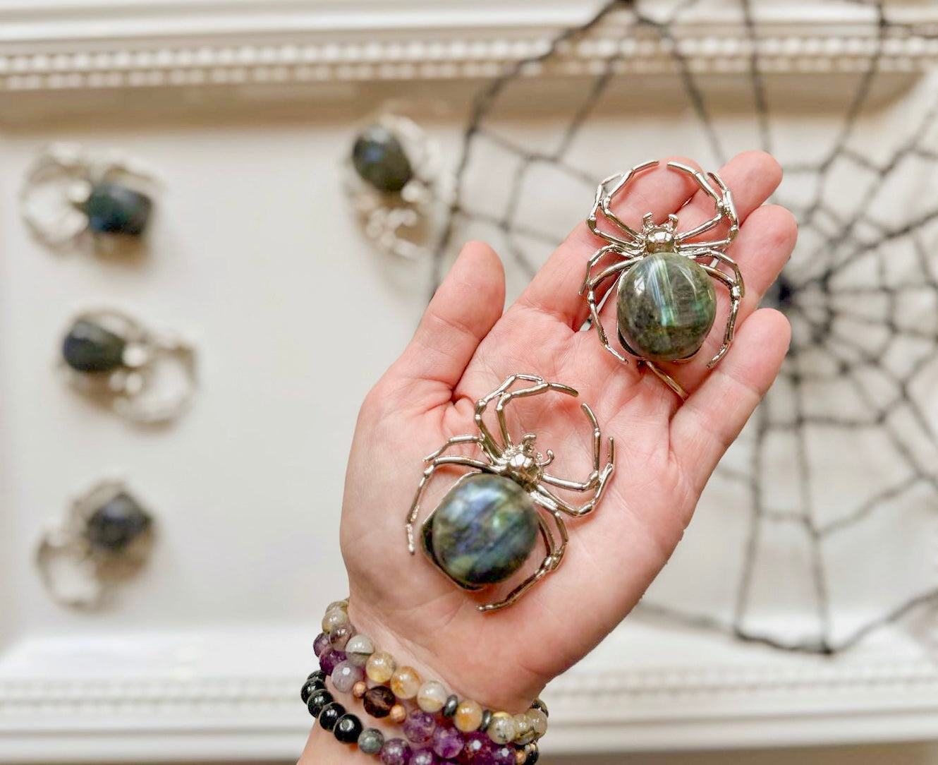 Metal Spider with Labradorite Tumbled Stone Accent