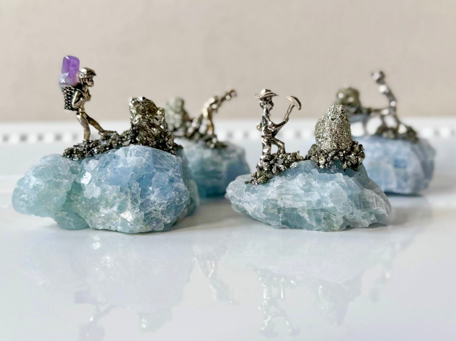 Mini Miner Statue on Blue Calcite with Pyrite
