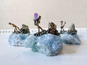 Mini Miner Statue on Blue Calcite with Pyrite
