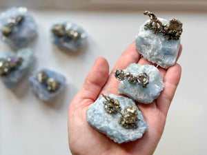 Mini Miner Statue on Blue Calcite with Pyrite
