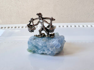 Mini Miner Statue on Blue Calcite with Pyrite
