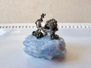 Mini Miner Statue on Blue Calcite with Pyrite
