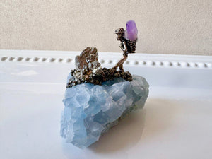 Mini Miner Statue on Blue Calcite with Pyrite
