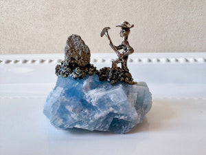Mini Miner Statue on Blue Calcite with Pyrite
