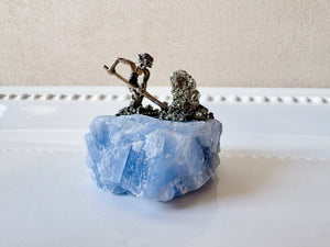 Mini Miner Statue on Blue Calcite with Pyrite
