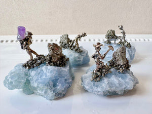Mini Miner Statue on Blue Calcite with Pyrite
