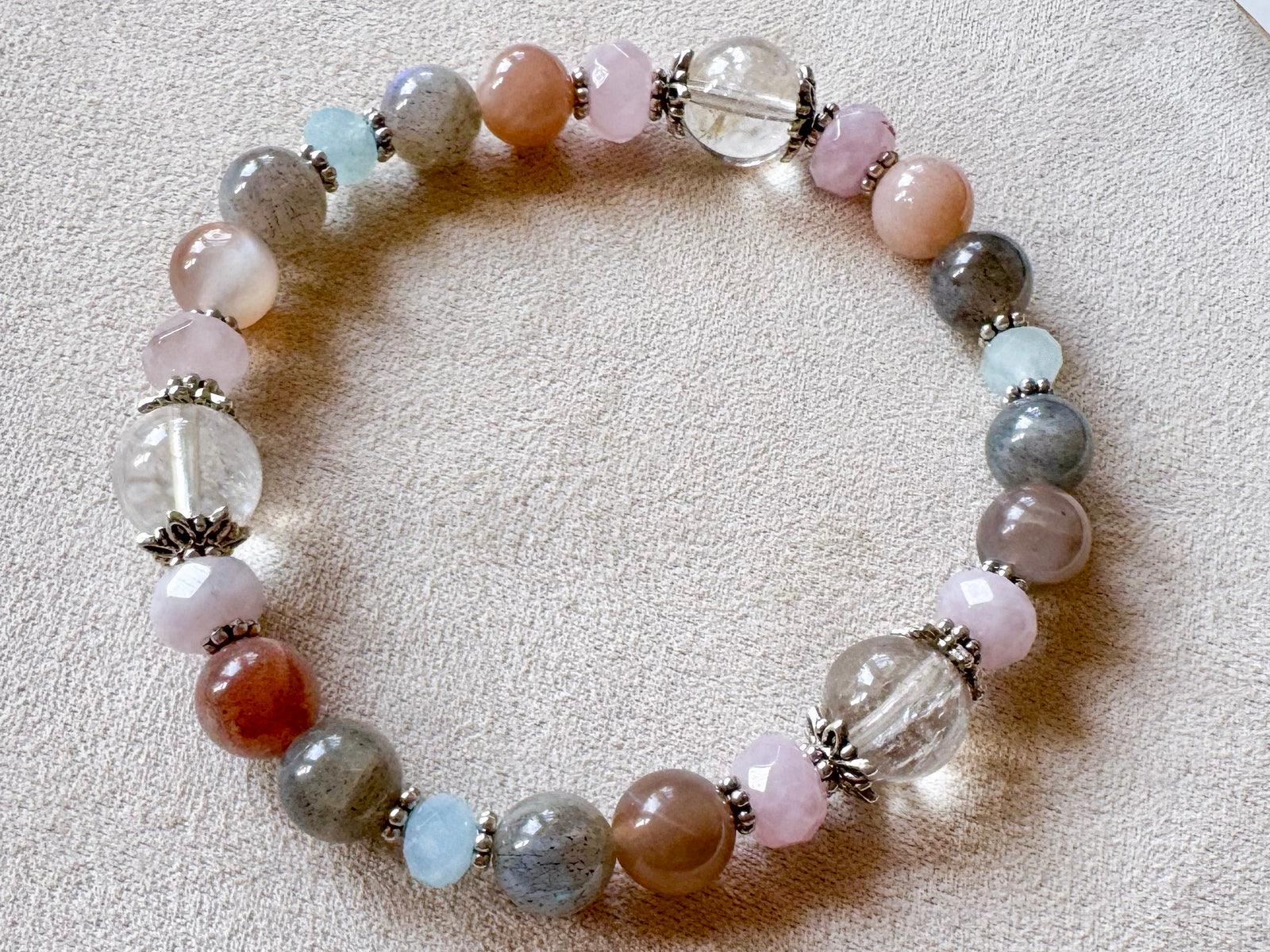 Moonlit Aura Beaded Bracelet || Moonstone, Labradorite, Rose Quartz, Clear Quartz & Aquamarine || Reiki Infused