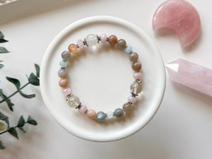 Moonlit Aura Beaded Bracelet || Moonstone, Labradorite, Rose Quartz, Clear Quartz & Aquamarine || Reiki Infused