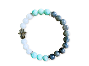Moonstone, Labradorite, and Amazonite Beaded Bracelet with Hamsa Charm || Reiki Infused