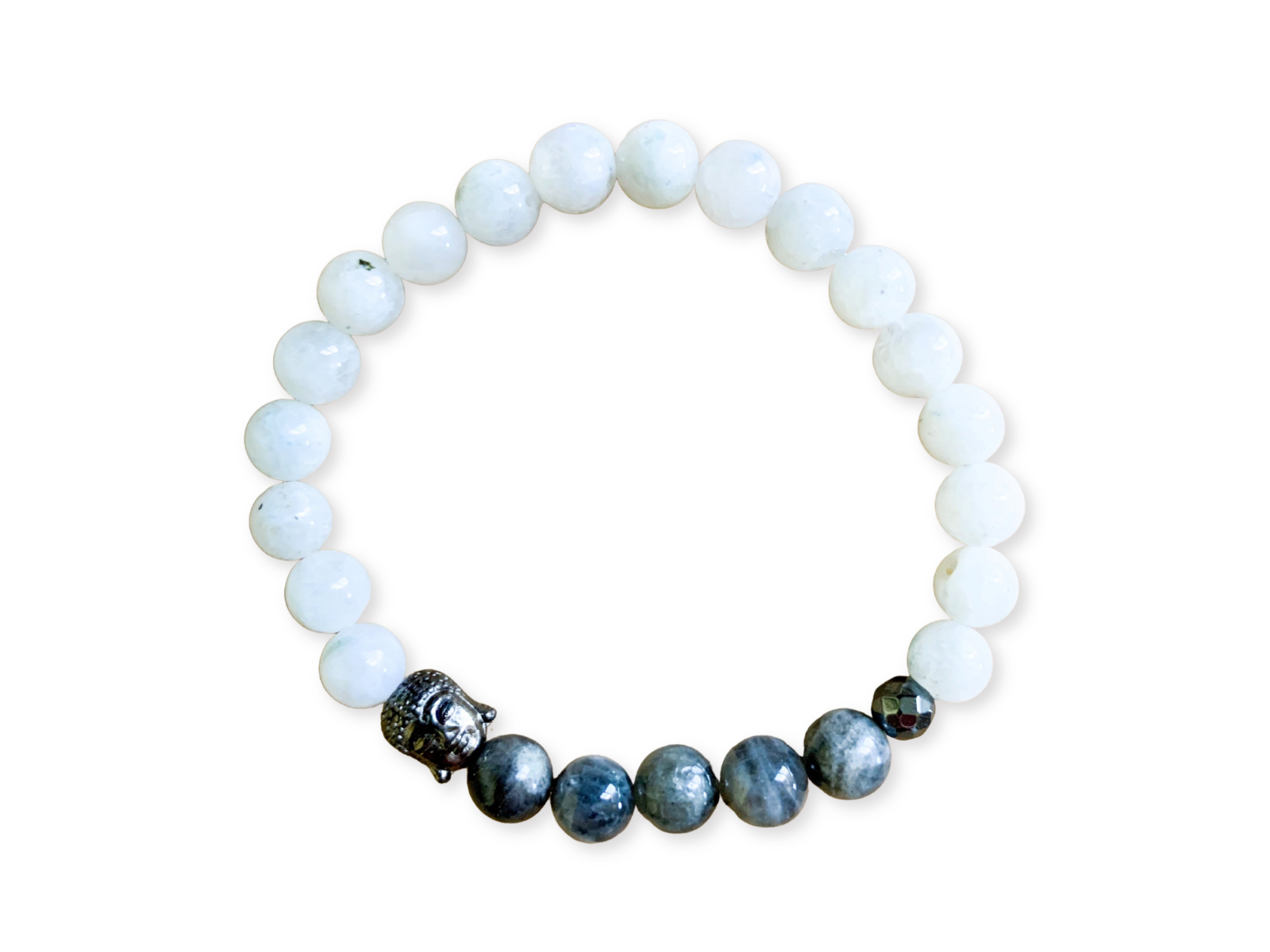 Moonstone, Labradorite, and Hematite Beaded Bracelet with Buddha Charm || Reiki Infused