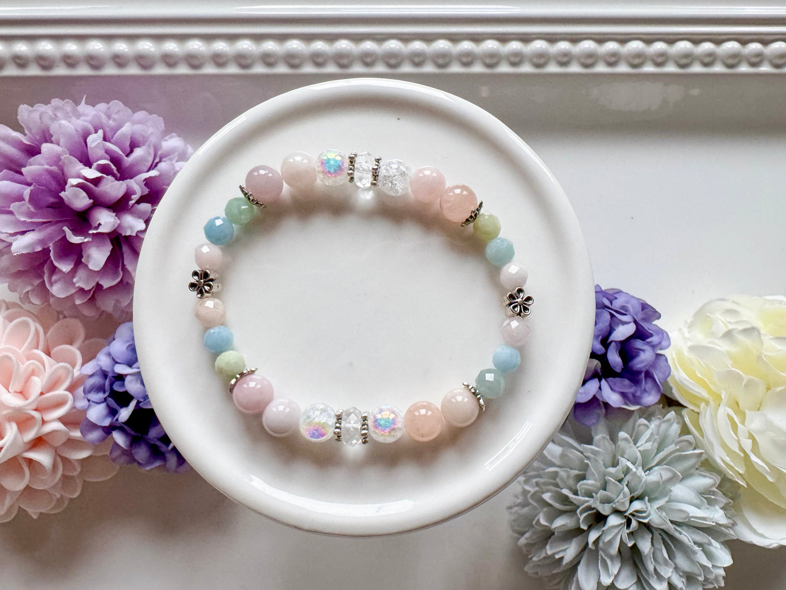 Morganite, Aura Quartz & Crackle Quartz with Daisies Beaded Bracelet || Reiki Infused
