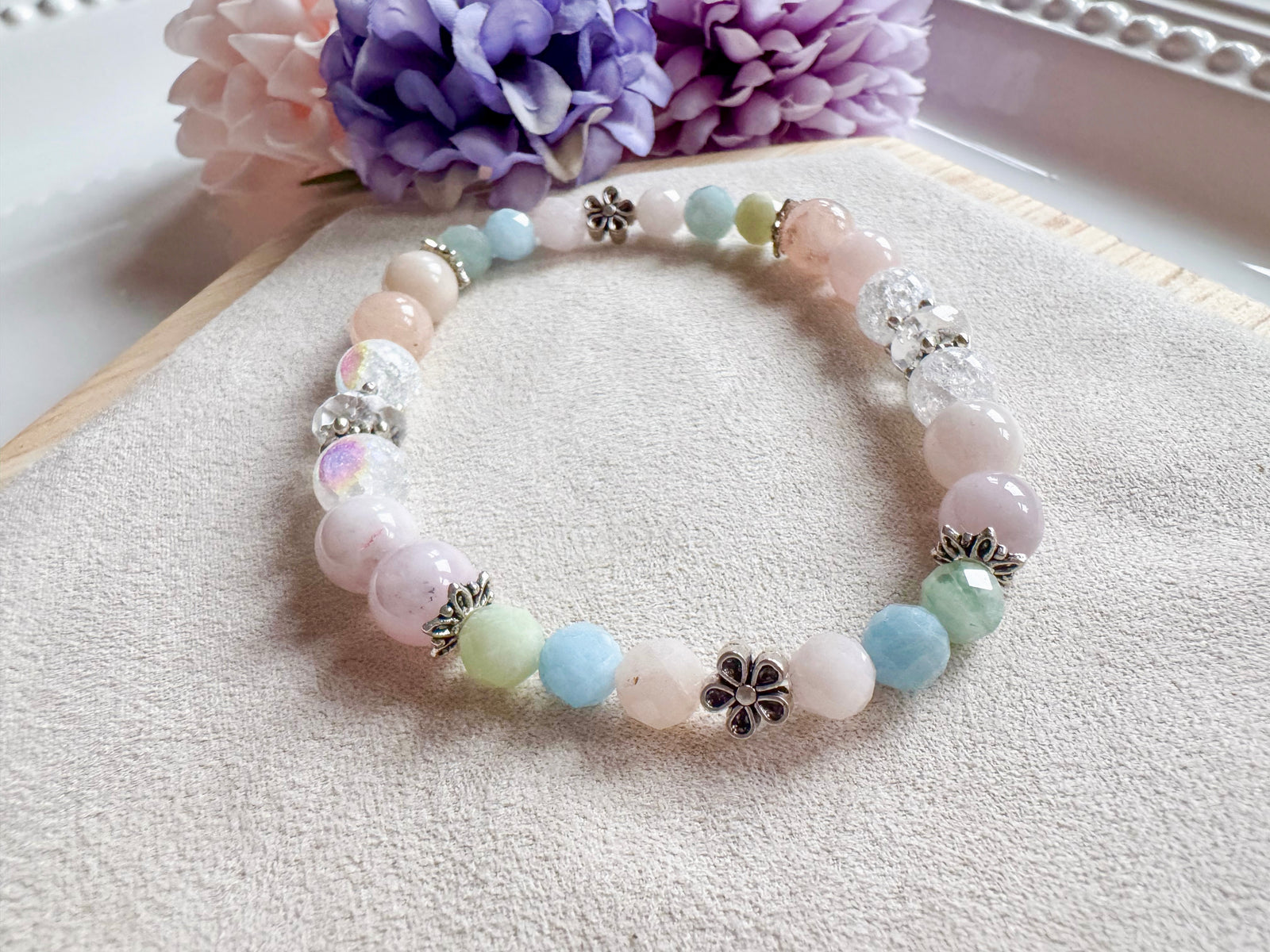Morganite, Aura Quartz & Crackle Quartz with Daisies Beaded Bracelet || Reiki Infused