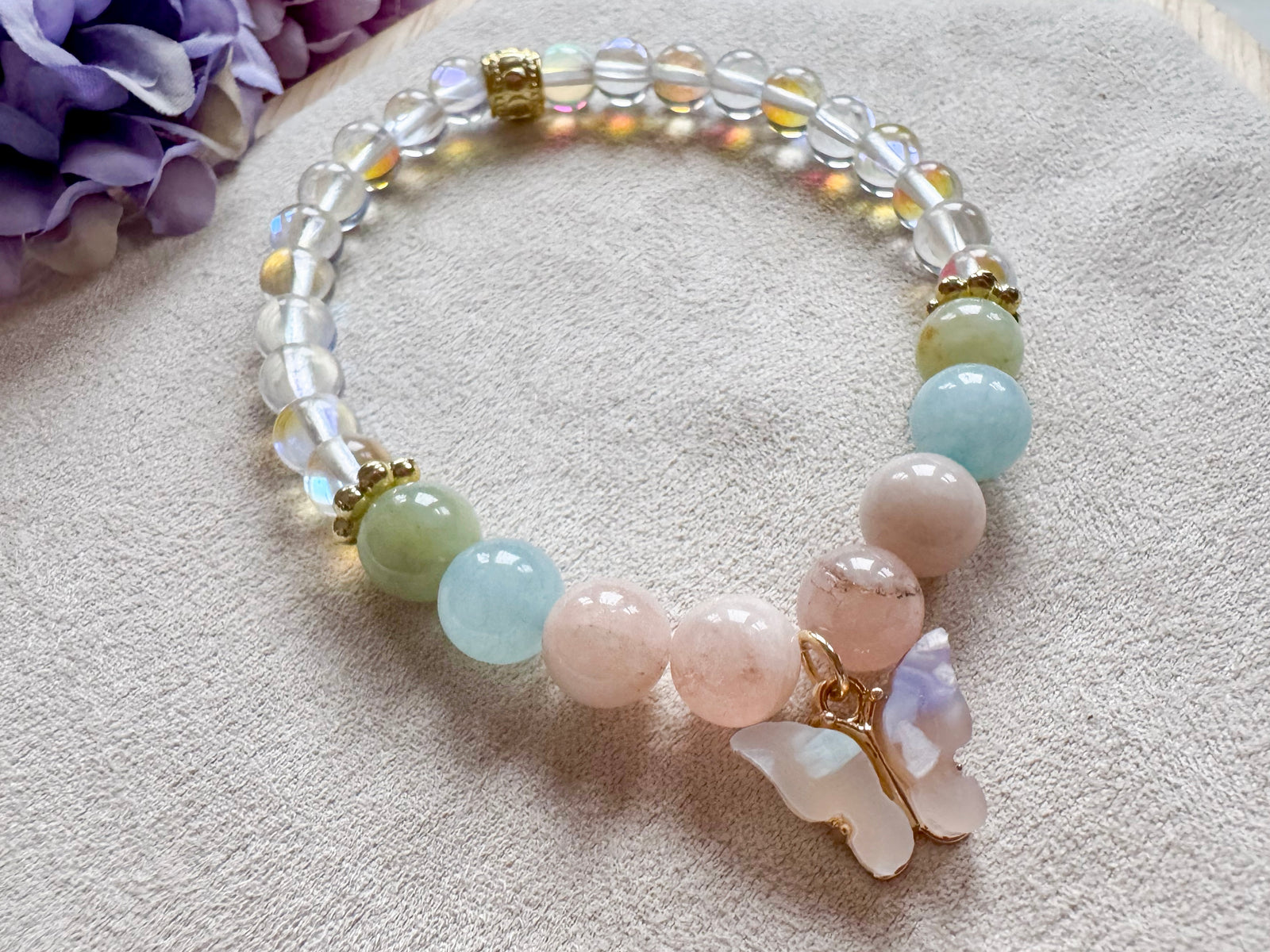 Morganite & Aura Quartz with Butterfly Beaded Bracelet || Reiki Infused