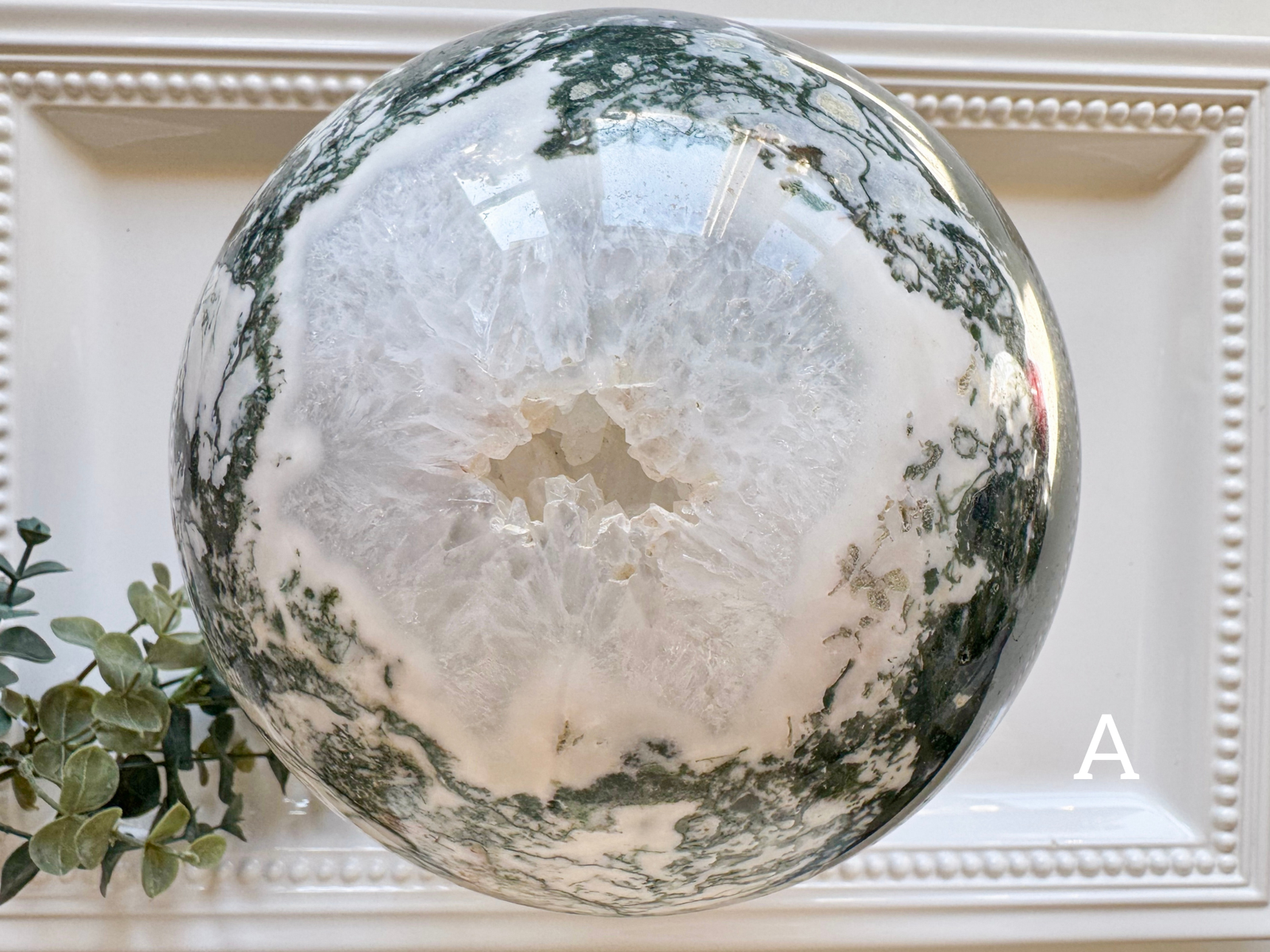 Moss Agate Sphere with Rotating Wood Stand || XL Showpiece