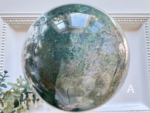 Moss Agate Sphere with Rotating Wood Stand || XL Showpiece