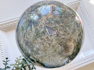 Moss Agate Sphere with Rotating Wood Stand || XL Showpiece