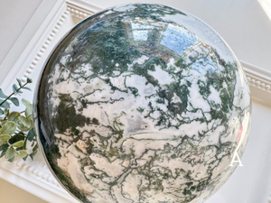 Moss Agate Sphere with Rotating Wood Stand || XL Showpiece